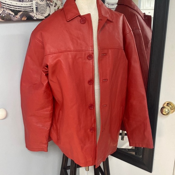 VNTG RED FULL GRAIN LEATHER W/ZIP OUT LINING DEEP POCKETS SEXY JACKET MADE IN US - Picture 1 of 14